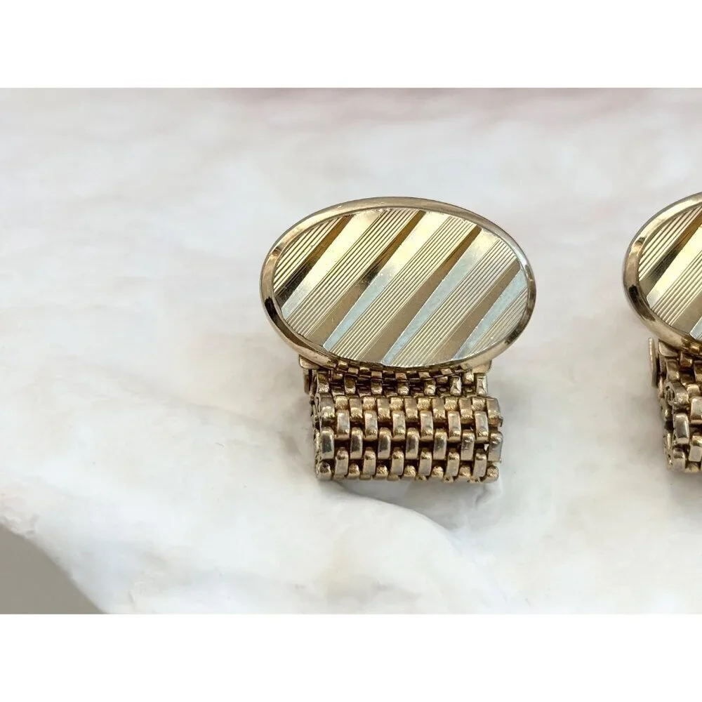 Textured Midcentury Style Oval Retro Gold Toned Round Vintage Cuff Links